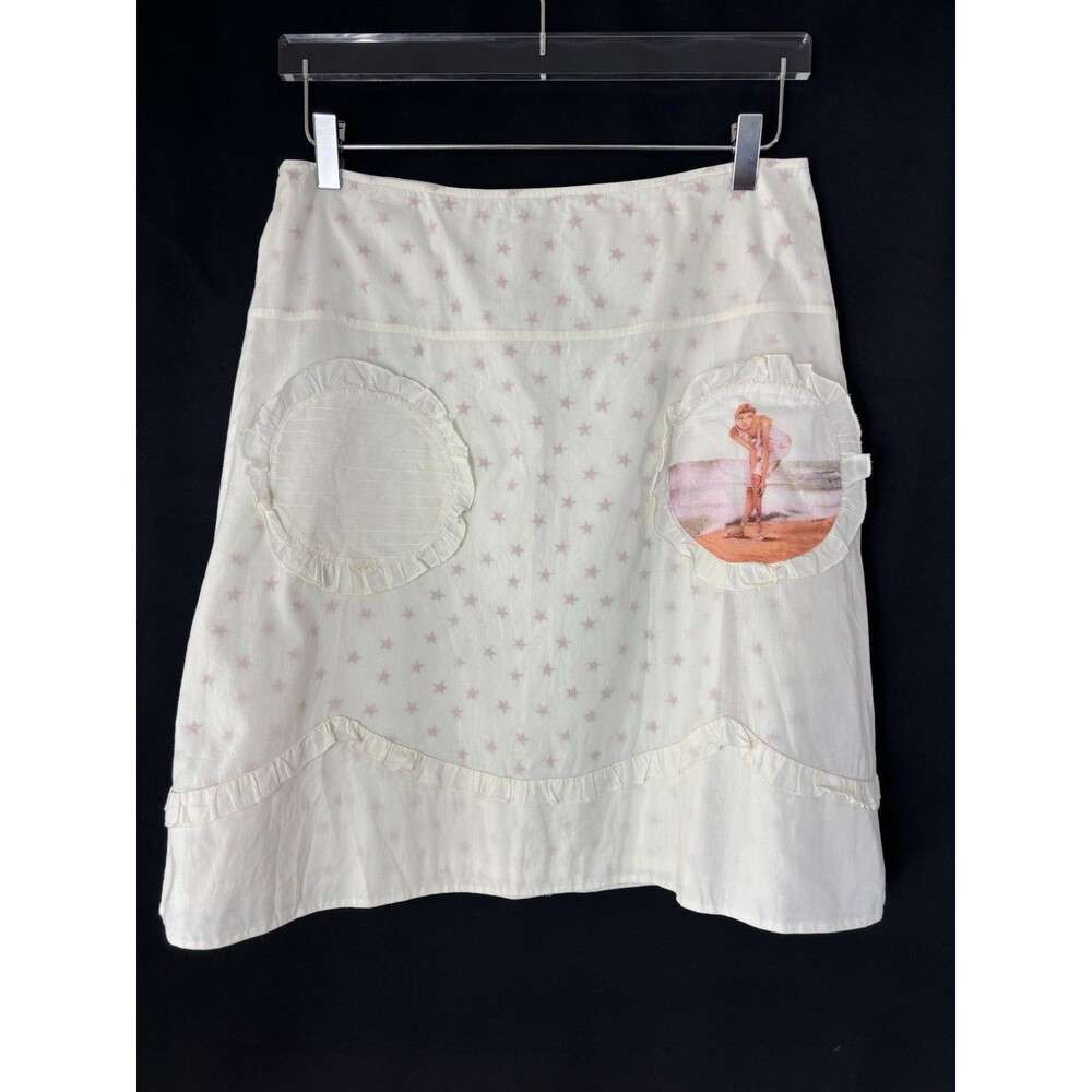 Snak Women’s Rockabilly Skirt 8 Star Print White Pin Up Knee Length Ruffle USA